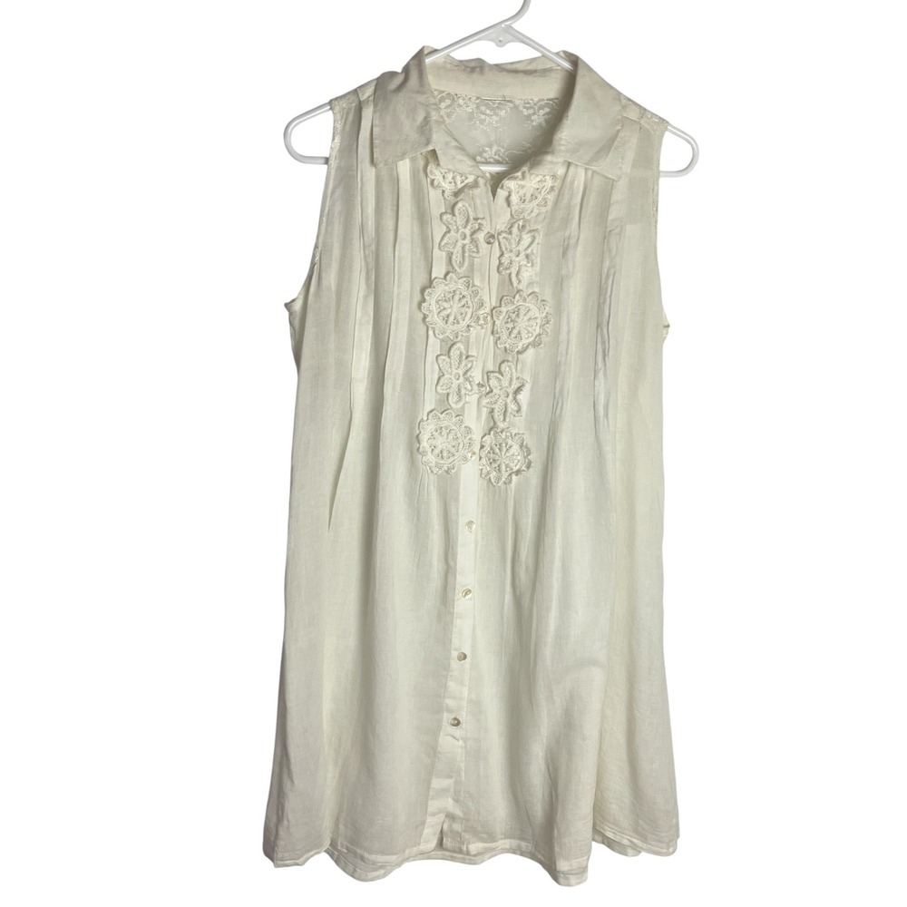 Womens Crochet Lace Tunic Shirt Dress Size L Ivory Sleeveless Pintuck Boho Mini